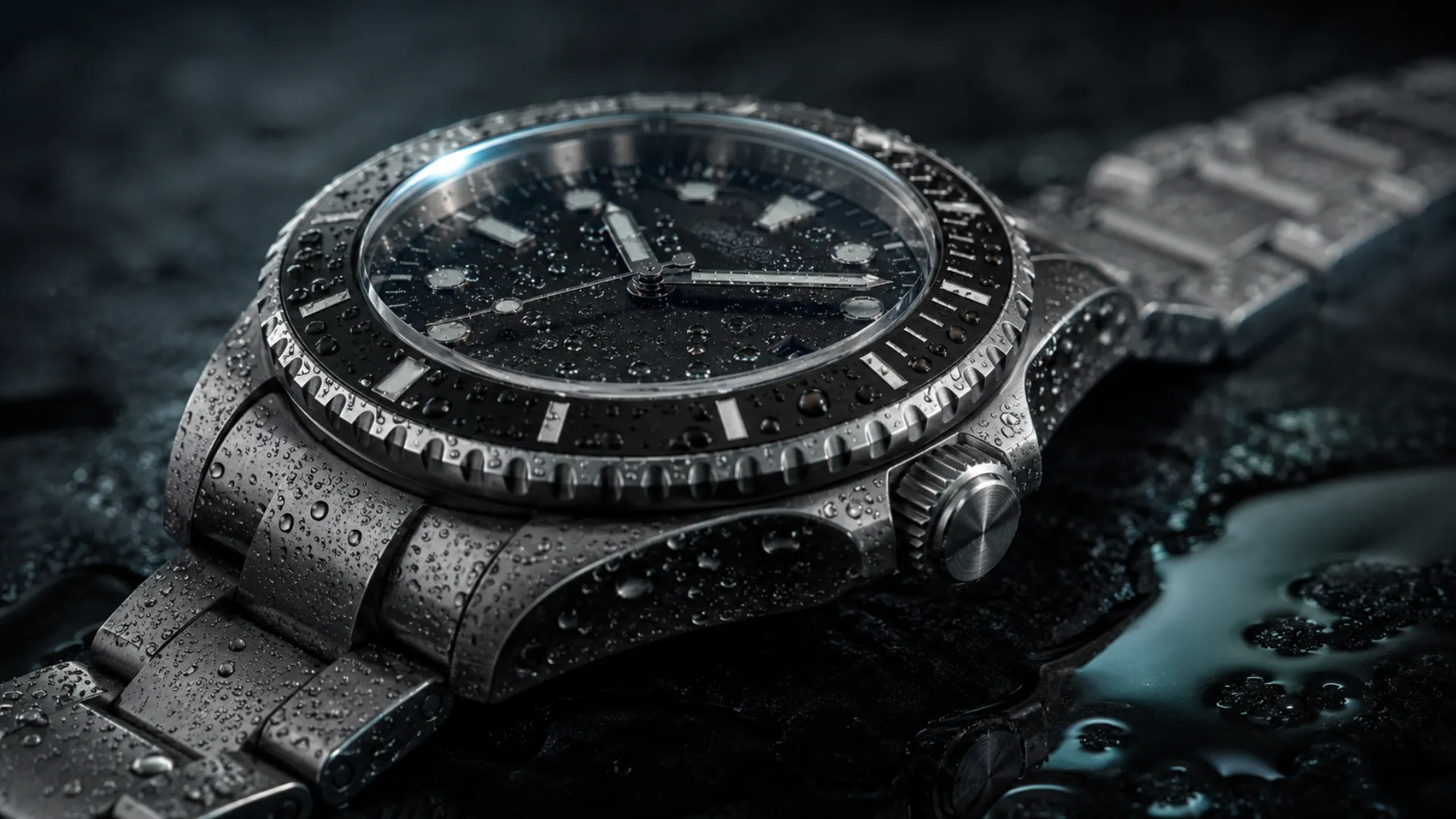 Luxury dive watch with water droplets on the crystal illustrating watch water resistance ratings