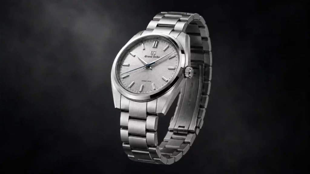 Grand Seiko case side profile showing Zaratsu polished flat surface and sharp brushed-to-mirror edge transition