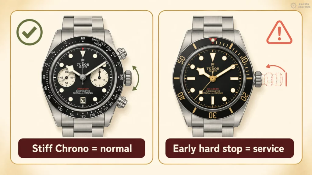 Tudor winding troubleshooting: Black Bay Chrono labeled stiff chrono is normal, Black Bay diver labeled early hard stop means service