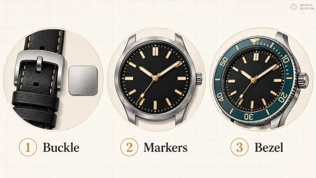 Three strap-choice factors shown: buckle, dial markers, and bezel on black dial watches