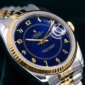 Rolex Datejust Blue Arabic Numeral Refinished Dial Fluted Bezel Jubilee Bracelet 18k Yellow Gold Stainless Steel 36mm MINT CONDITION 16233