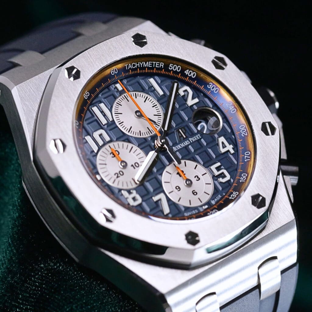 Audemars Piguet Royal Oak Offshore Chronograph “Navy” Blue Dial Orange Accents Blue Rubber Strap Stainless Steel 42mm MINT CONDITION COMPLETE SET 26470ST.OO.A027CA.01