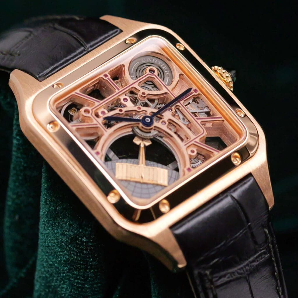 Cartier Santos-Dumont Micro-Rotor Skeleton Dial Black Alligator Strap 18k Rose Gold 43.5 x 31mm MINT CONDITION COMPLETE SET WHSA0030