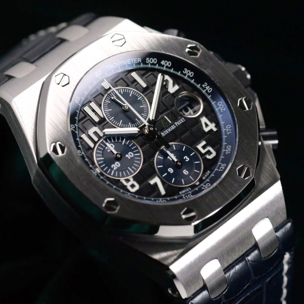 Audemars Piguet Royal Oak Offshore Chronograph "Batman" Black Dial Blue Subdials Blue Leather Strap Stainless Steel 42mm MINT CONDITION COMPLETE SET 26470ST.OO.A028CR.01