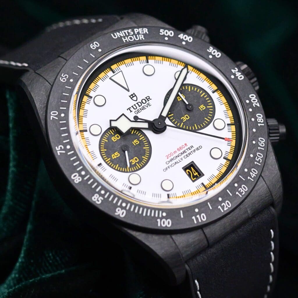 2026 NEW UNWORN Tudor Black Bay Chrono “Carbon 26” Limited Edition of 2026 Pieces White Dial Yellow Accents Black Hybrid Leather Rubber Strap Black Carbon Fiber 42mm COMPLETE SET 79377KN-0003