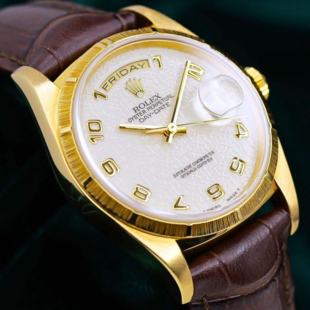 Rolex Day-Date Ivory Jubilee Arabic Dial Bark Bezel 18K Yellow Gold Brown Leather Strap 36mm MINT CONDITION 18248