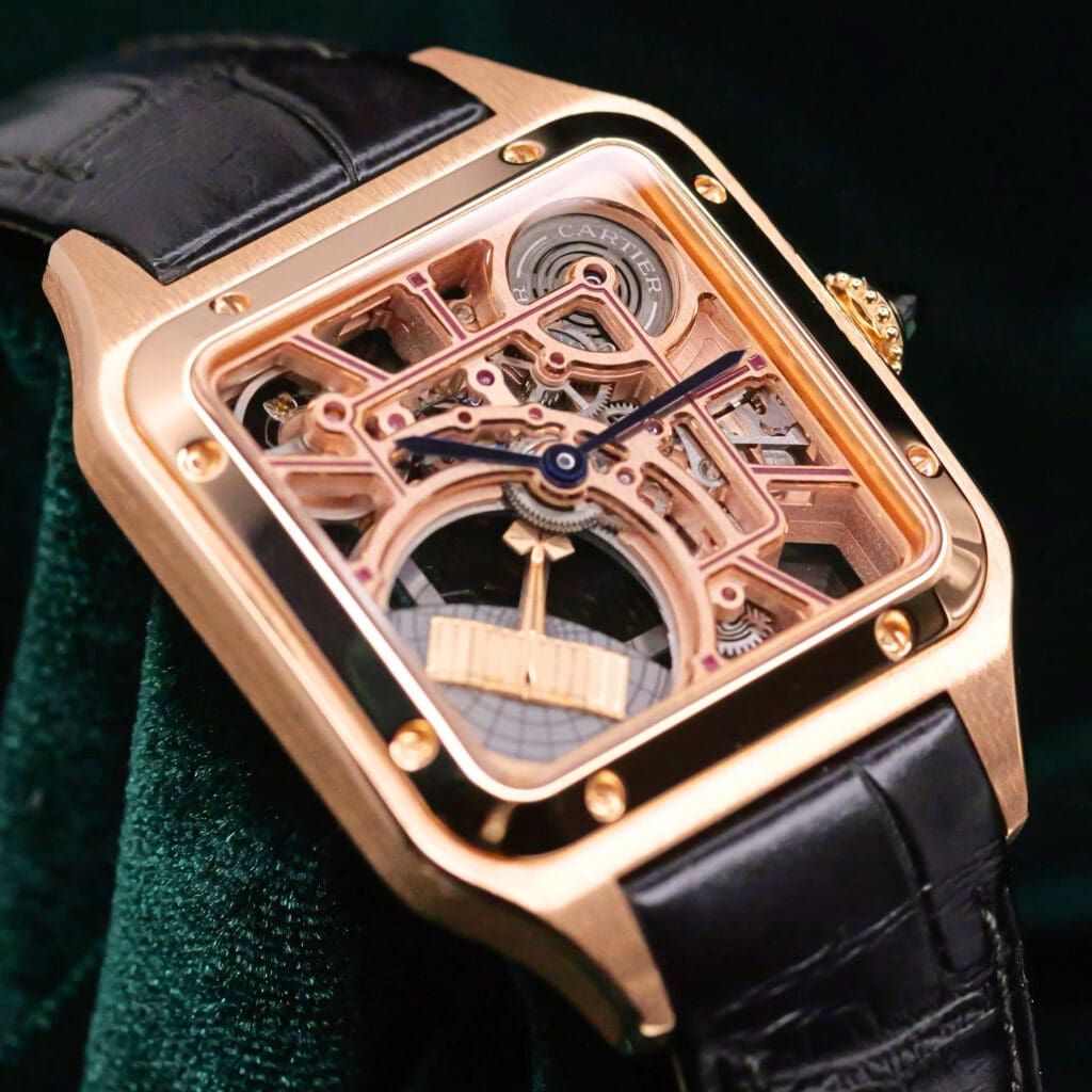 Cartier Santos-Dumont Micro-Rotor Skeleton Dial Black Alligator Strap 18k Rose Gold 43.5 x 31mm MINT CONDITION COMPLETE SET WHSA0030