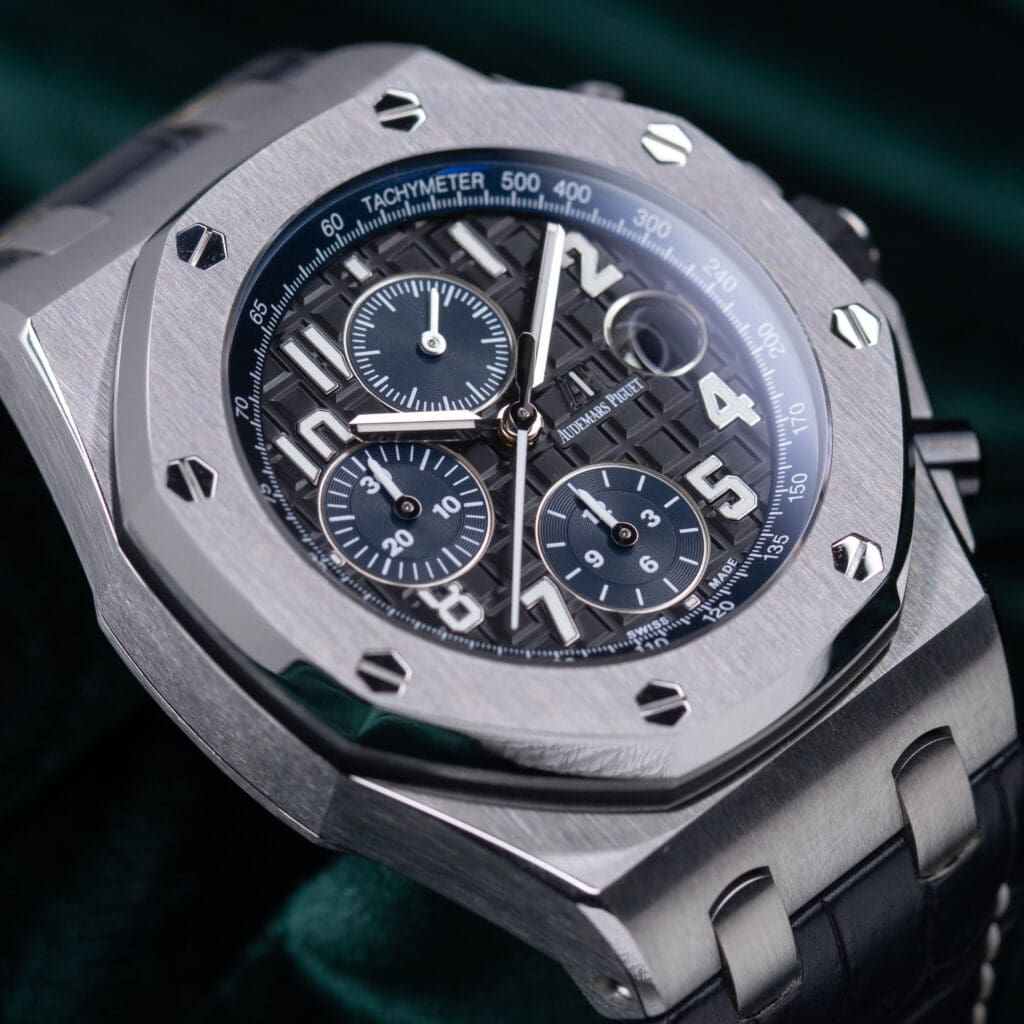 Audemars Piguet Royal Oak Offshore Chronograph "Batman" Black Dial Blue Accents Blue Alligator Strap Stainless Steel 42mm MINT CONDITION COMPLETE SET 26470ST.OO.A028CR.01