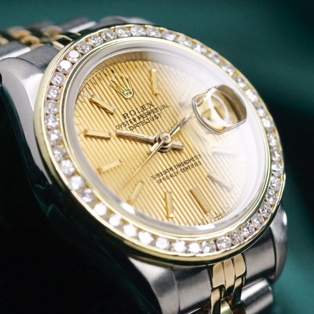 Rolex Lady-Datejust Champagne Gold Tapestry Dial AM Diamond Bezel Jubilee Bracelet Two Tone 18k Yellow Gold Stainless Steel 26mm MINT CONDITION 69173