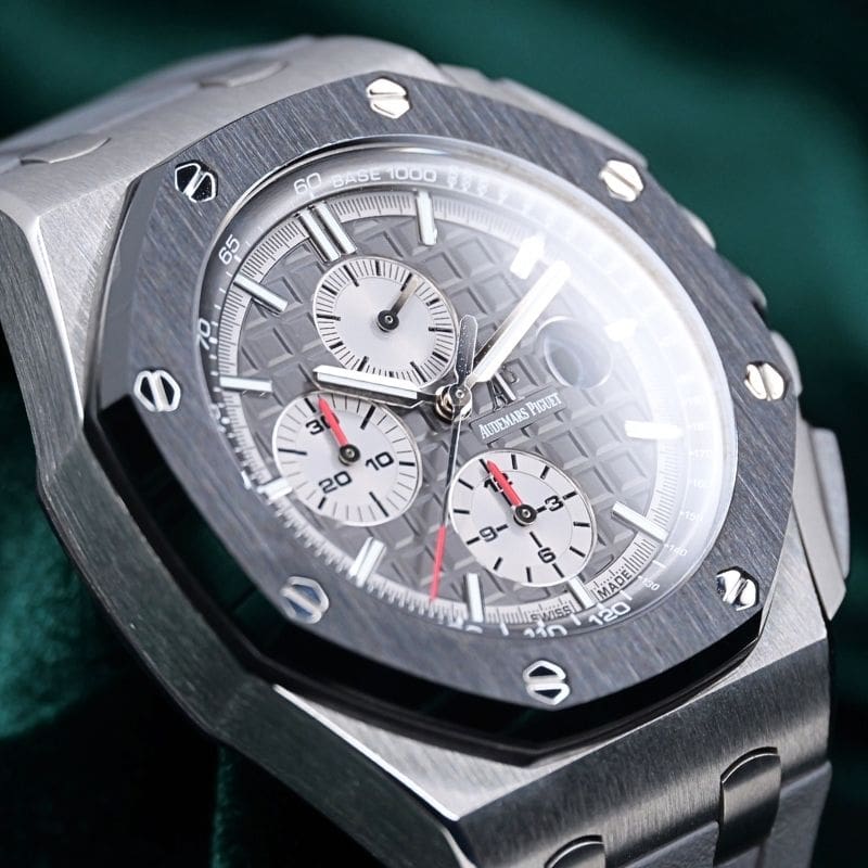 Audemars Piguet Royal Oak Offshore Chronograph Slate Grey Dial Black Ceramic Bezel Grey Rubber Strap Titanium 44mm MINT CONDITION COMPLETE SET 26400IO.OO.A004CA.01