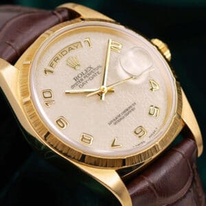 Rolex Day-Date Ivory Jubilee Arabic Dial Bark Bezel 18K Yellow Gold Case Brown Leather Strap 36mm MINT CONDITION 18248