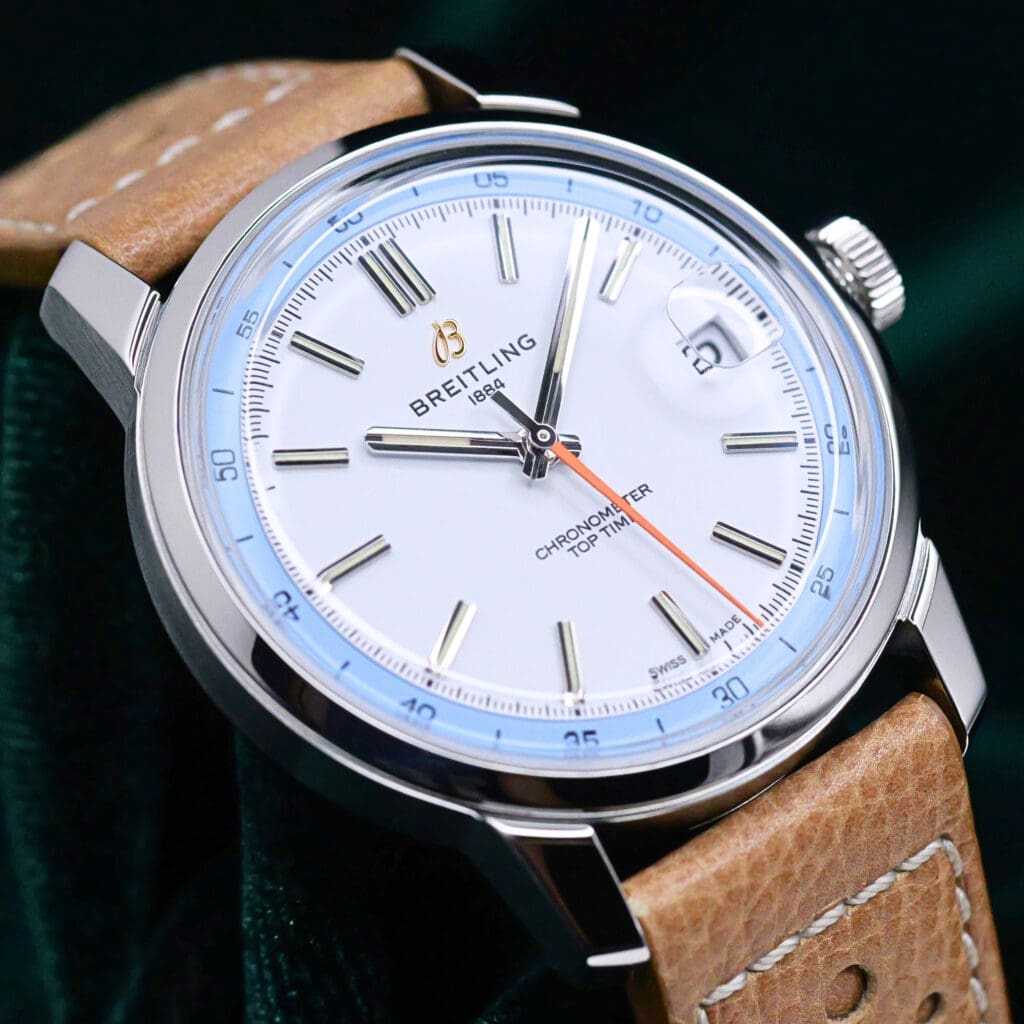 Breitling Top Time B31 White & Sky-Blue Dial Beige Calfskin Strap Stainless Steel 38mm MINT CONDITION COMPLETE SET AB3113281A1X1