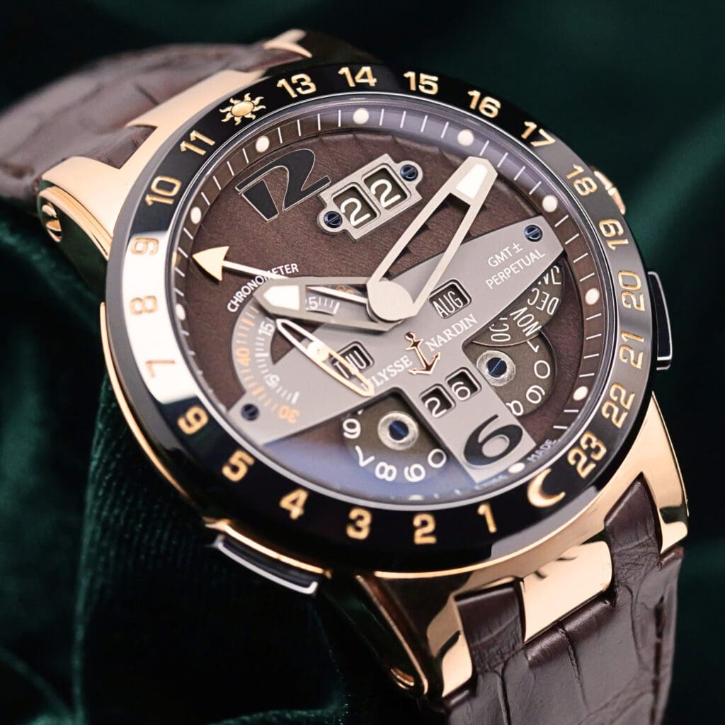 Ulysse Nardin GMT +/- Perpetual Calendar "El Toro" Brown Dial 18K Rose Gold Black Ceramic Bezel Brown Alligator Strap 43mm MINT CONDITION COMPLETE SET 322-00