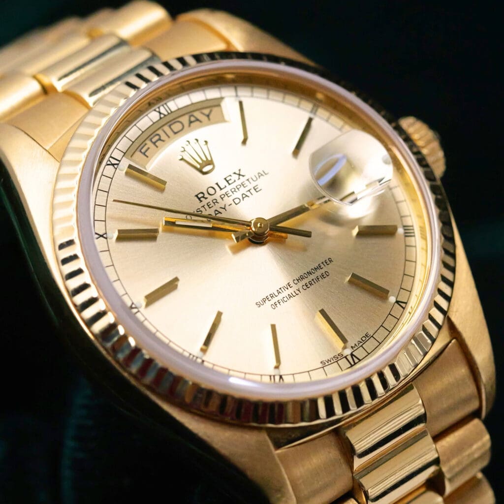 Rolex Day-Date "President" Champagne Stick Dial Fluted Bezel President Bracelet 18K Yellow Gold 36mm VERY GOOD CONDITION 18038