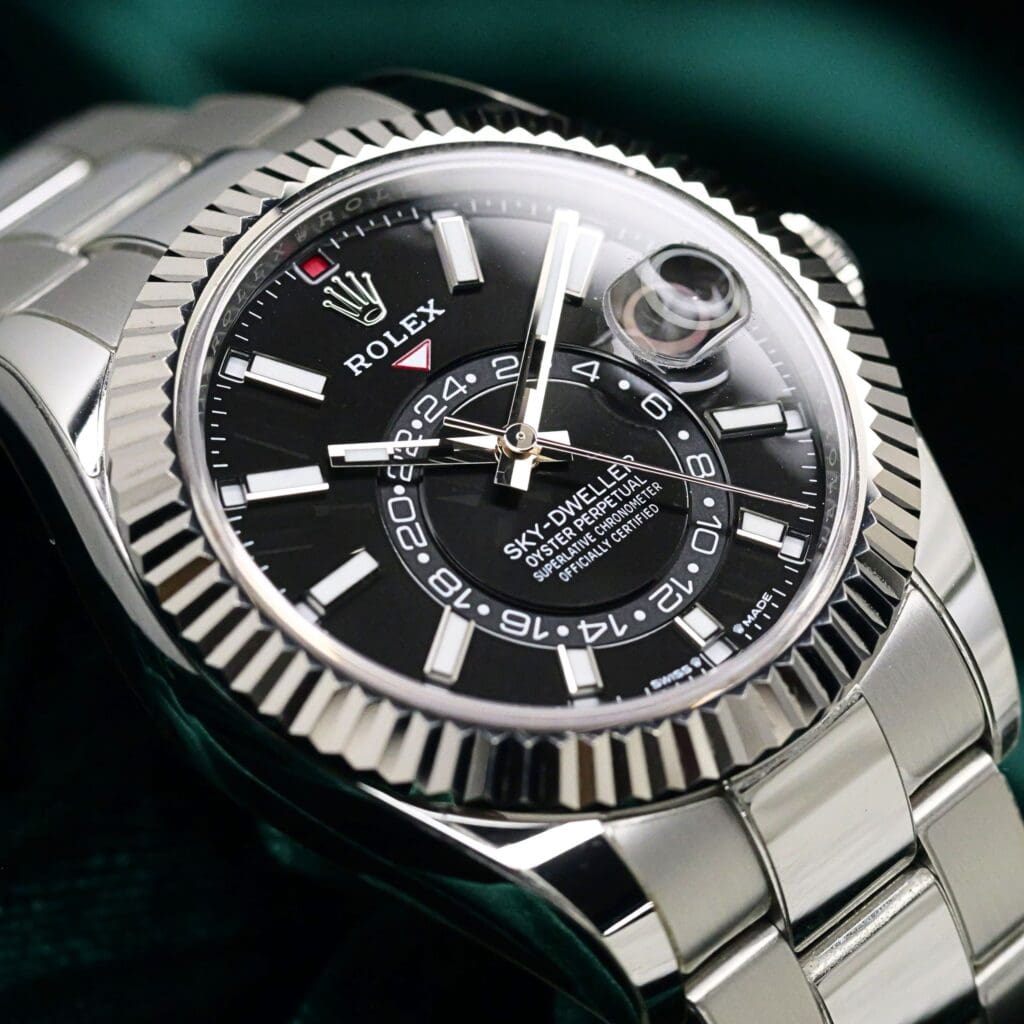 2025 Rolex Sky-Dweller Bright Black Dial 18k White Gold Fluted Bezel Stainless Steel Oyster Bracelet 42mm MINT CONDITION COMPLETE SET 336934