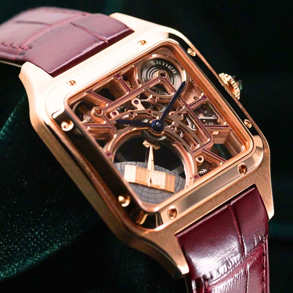 Cartier Santos-Dumont Micro-Rotor Skeleton Dial 18K Rose Gold Burgundy Alligator Strap 31mm MINT CONDITION COMPLETE SET WHSA0030