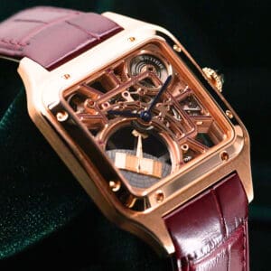 Cartier Santos-Dumont Micro-Rotor Skeleton Dial 18K Rose Gold Burgundy Alligator Strap 31mm MINT CONDITION COMPLETE SET WHSA0030