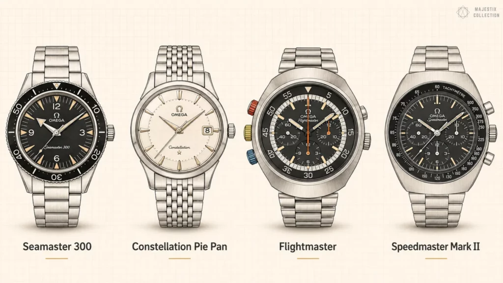 Four vintage Omega models: Seamaster 300, Constellation Pie Pan, Flightmaster, and Speedmaster Mark II