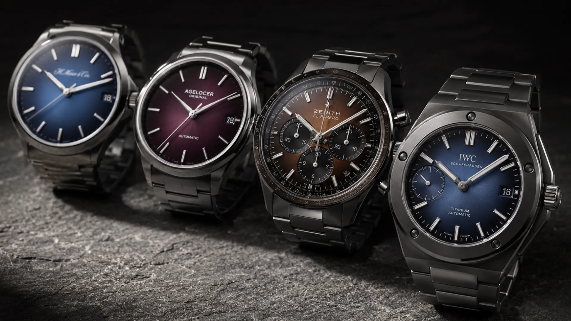 Four fumé dial watches lined up: H. Moser blue, Agelocer burgundy, Zenith brown chronograph, and IWC blue