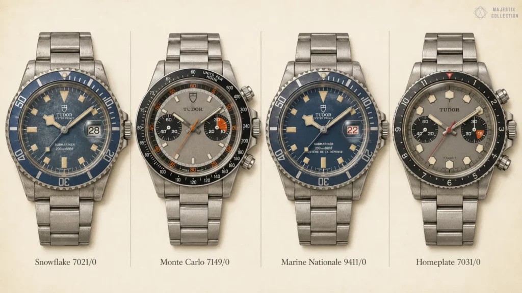 Four vintage Tudor references: Snowflake, Monte Carlo, Marine Nationale, and Homeplate