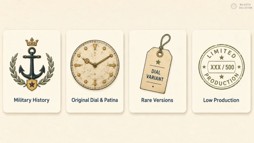 Four illustrated cards showing military history, original dial and patina, rare versions, and low production