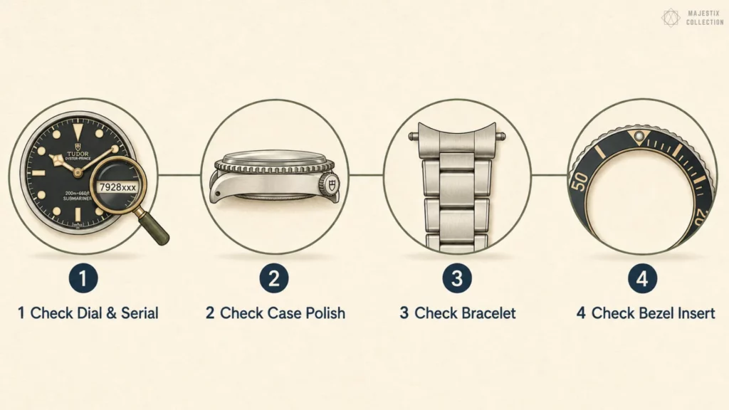 Four-step authentication guide checking dial and serial, case polish, bracelet, and bezel insert