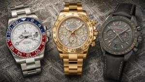 Three meteorite dial watches: Rolex GMT-Master II Pepsi, gold Rolex Daytona, and Omega Speedmaster on meteorite-textured background
