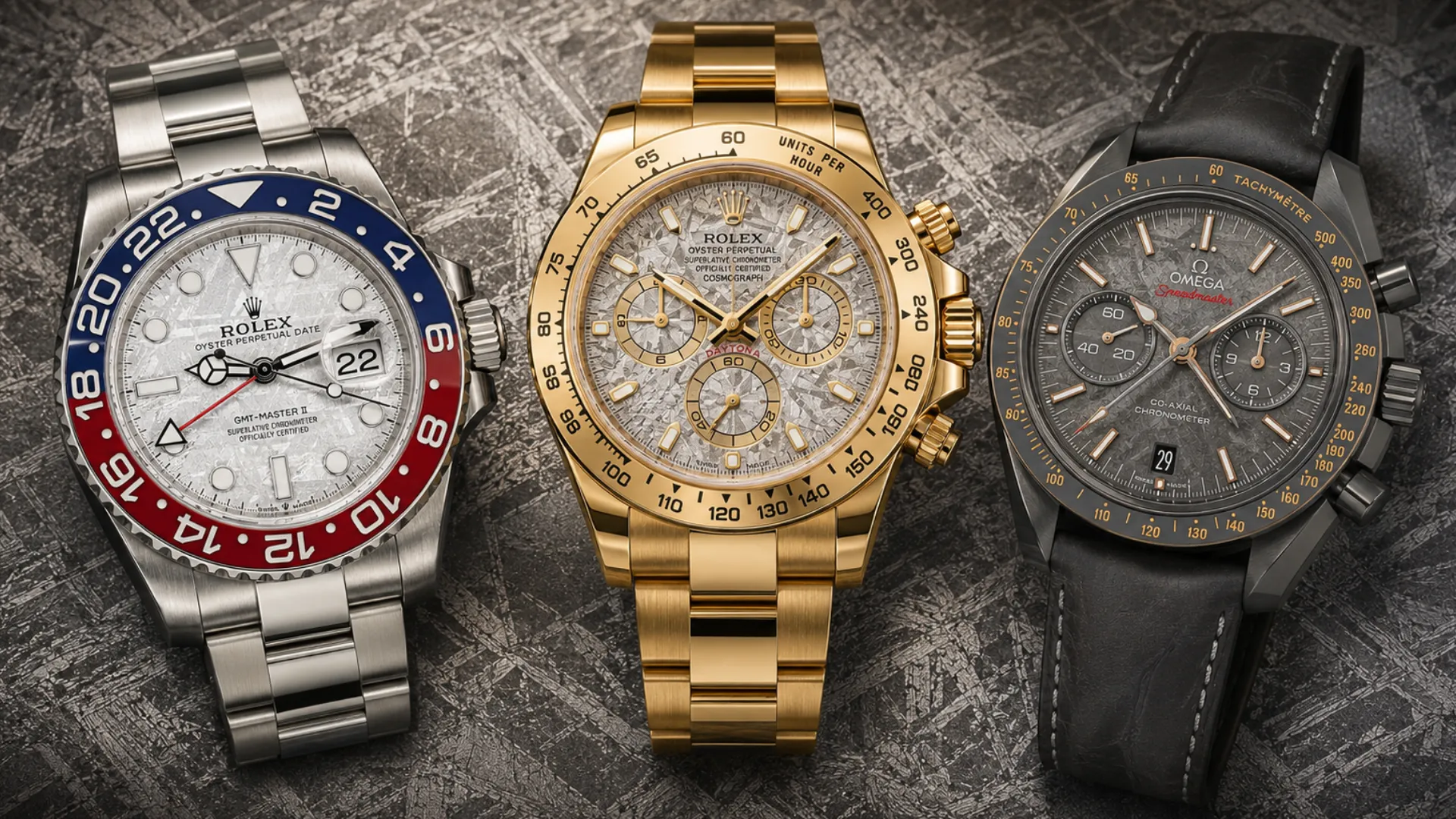 Three meteorite dial watches: Rolex GMT-Master II Pepsi, gold Rolex Daytona, and Omega Speedmaster on meteorite-textured background