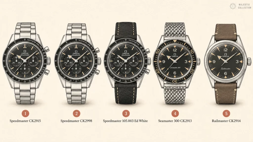 Five rare vintage Omega references including early Speedmaster CK2915, CK2998, and Ed White models