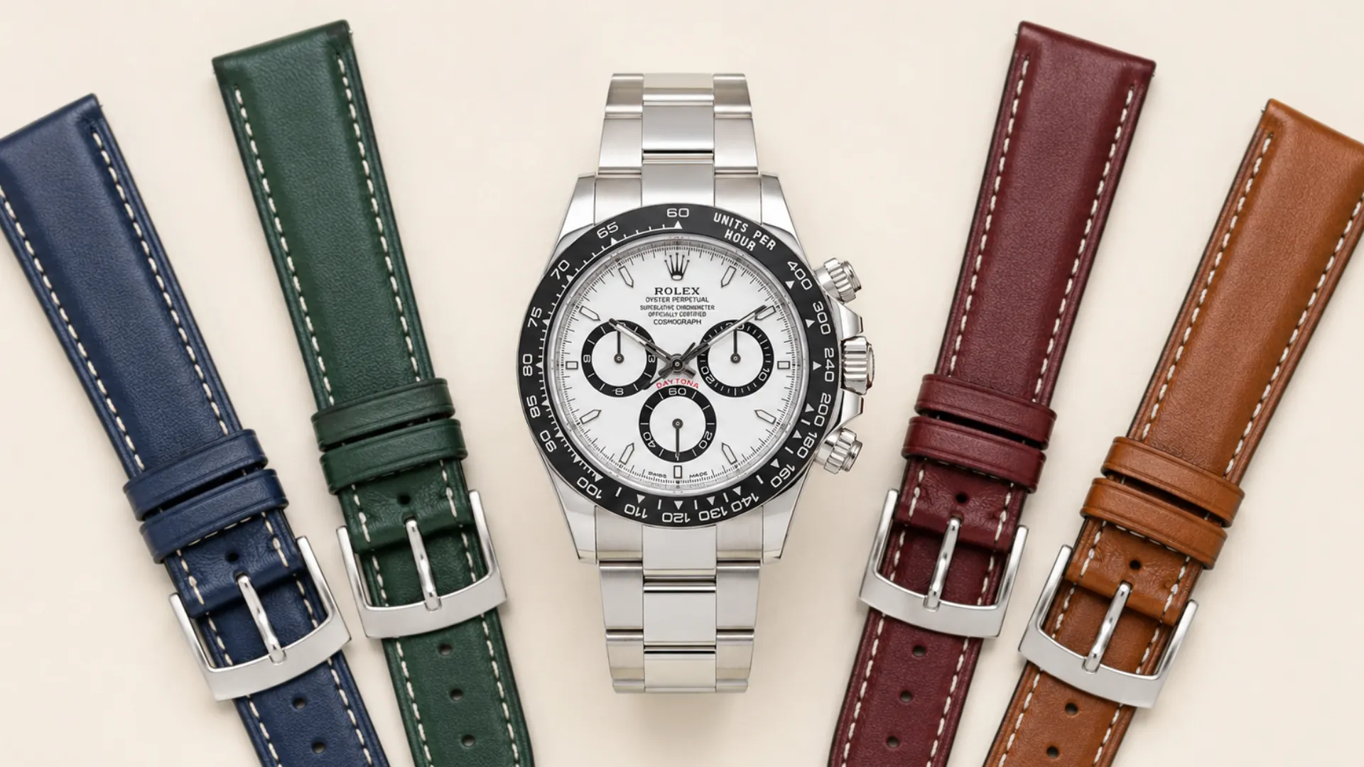 Two white panda dial Rolex Daytonas side by side on black rubber and black leather straps against a grey background