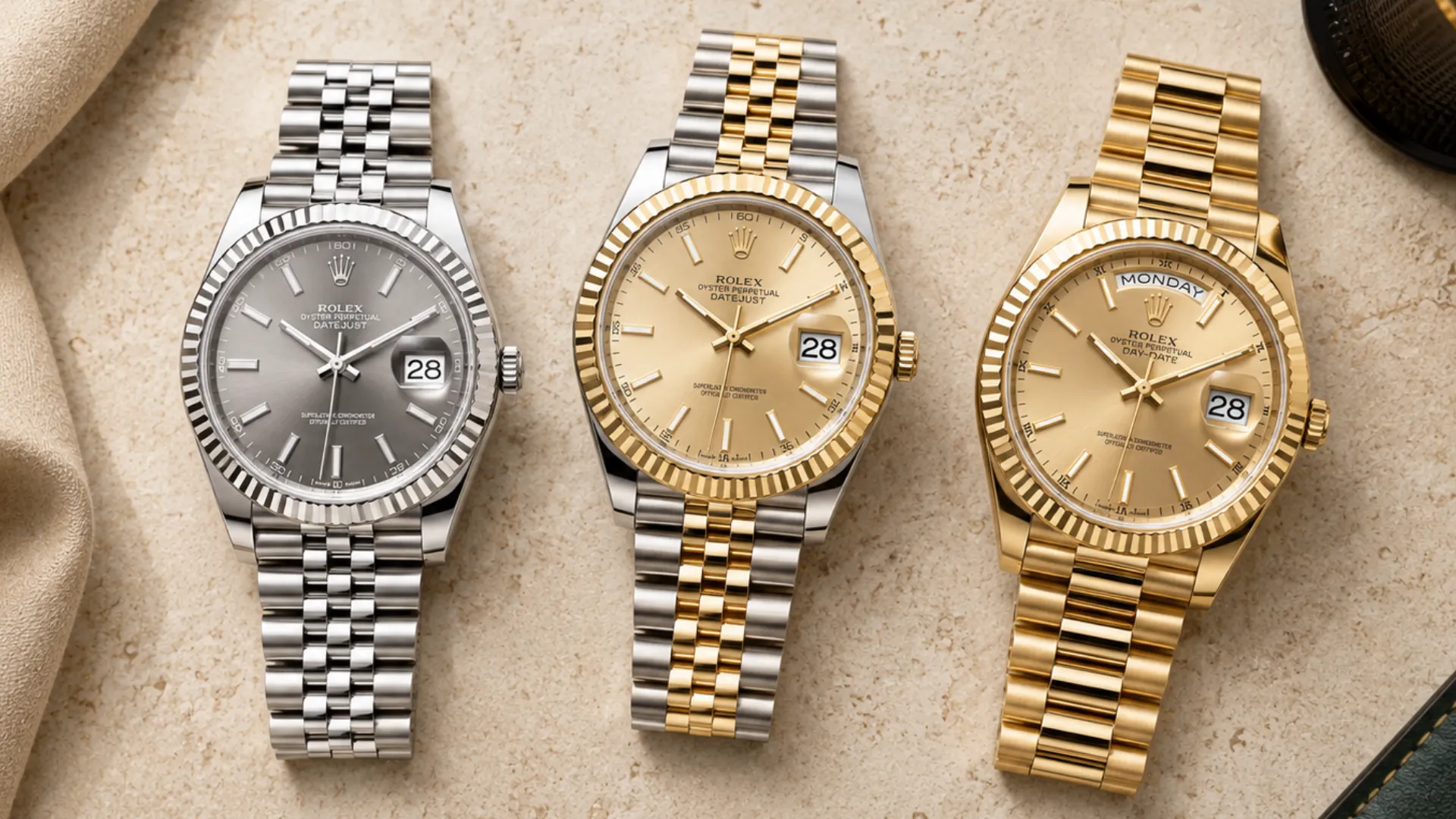 Three fluted bezel Rolex watches: steel Datejust, two-tone Datejust, and gold Day-Date on stone