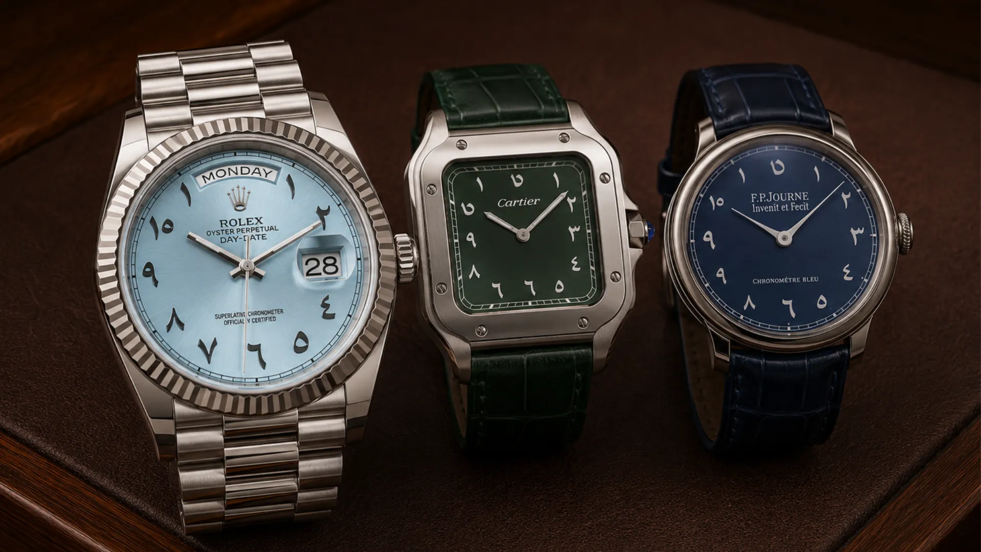 Three Arabic dial watches: platinum Rolex Day-Date, green Cartier Santos, and blue F.P. Journe