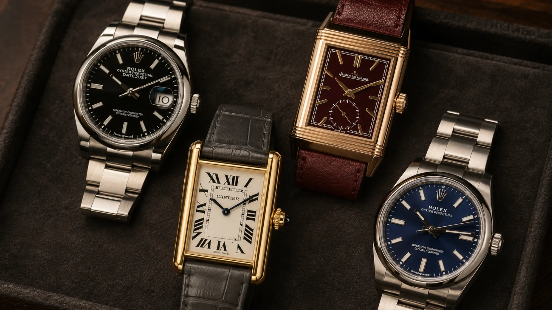 Five small dress watches in a case: Rolex Datejust, Cartier Tank, Jaeger-LeCoultre Reverso, and Rolex Oyster Perpetual