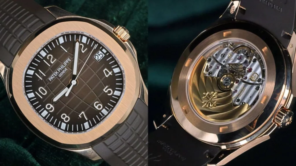 Patek Philippe Aquanaut in rose gold with brown embossed dial and rubber strap, gold-rotor movement shown