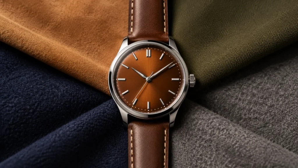 Dress watch with brown sunburst dial and brown leather strap resting on layered navy, tan, olive, and grey fabric