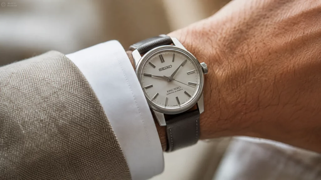 Steel King Seiko dress watch with silver dial on a brown leather strap, worn on a wrist with a suit and white shirt cuff