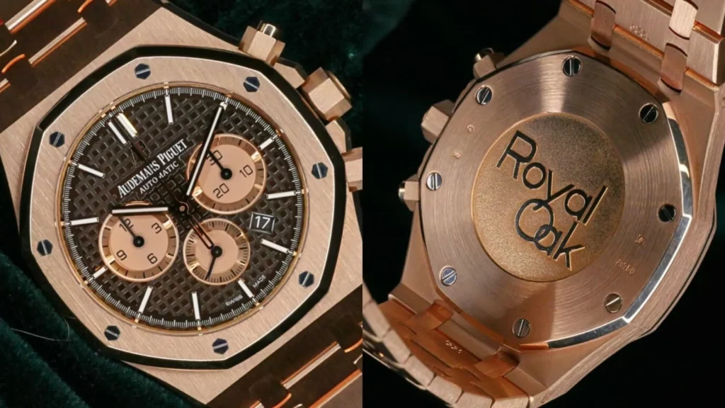 Rose gold Audemars Piguet Royal Oak Chronograph with brown tapisserie dial beside close-up of its Royal Oak-engraved caseback on dark green velvet