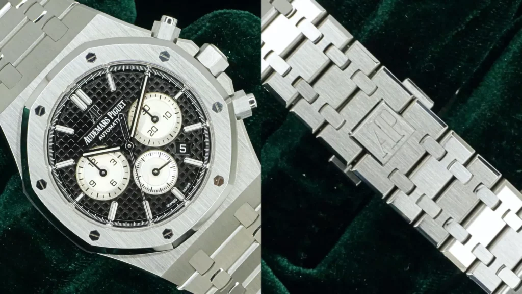 Audemars Piguet Royal Oak Chronograph with black tapisserie dial and white subdials beside close-up of its steel bracelet with AP-engraved clasp on dark green velvet