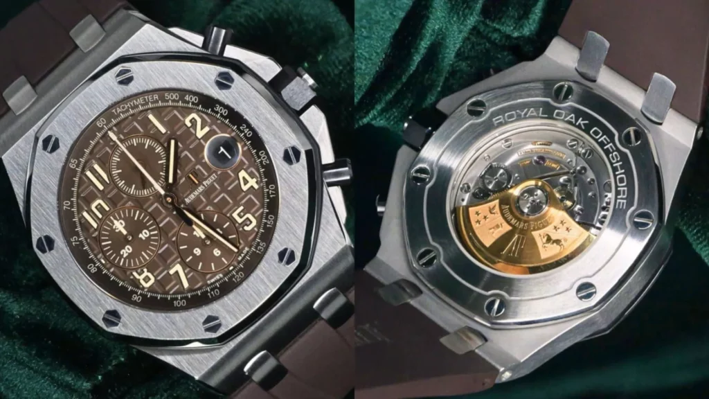 Audemars Piguet Royal Oak Offshore chronograph with brown dial beside close-up of its exhibition caseback and gold rotor on dark green velvet