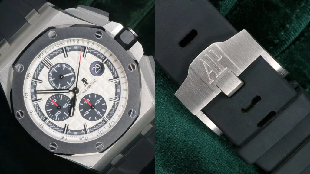 Audemars Piguet Royal Oak Offshore chronograph with white dial and grey subdials beside close-up of its black rubber strap with AP-engraved buckle on dark green velvet