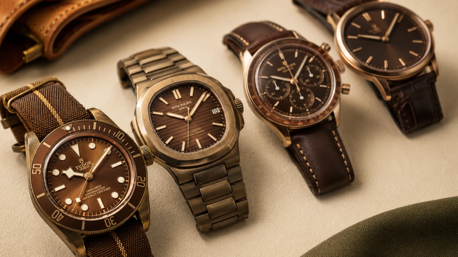 Four brown dial watches: Tudor Black Bay bronze, Patek Philippe Nautilus, Patek chronograph, and a brown dress watch on beige background
