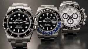 Three ceramic bezel Rolex watches: Submariner, Batman GMT-Master II, and white Daytona on dark background