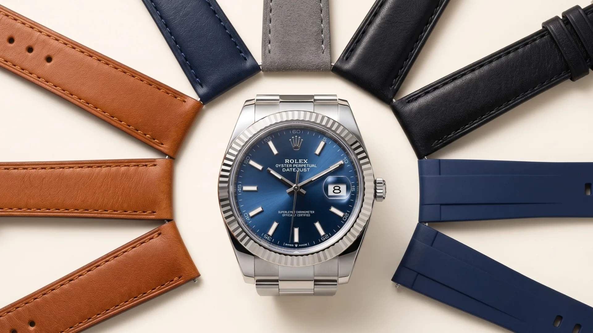Rolex Datejust blue dial surrounded by tan, navy, grey, black leather and blue rubber straps