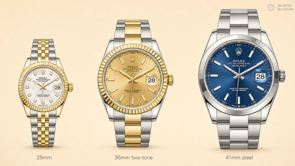 Three Rolex Datejusts: 28mm two-tone diamond, 36mm two-tone champagne, and 41mm steel blue