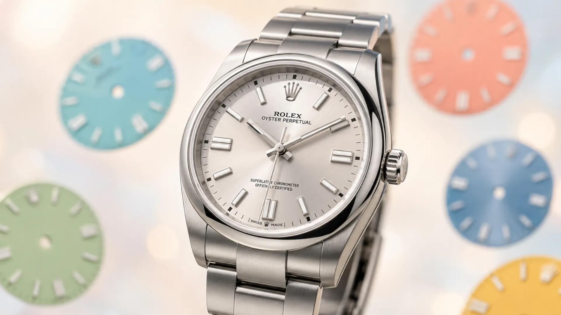 Rolex Oyster Perpetual with silver dial in focus against a backdrop of blurred colorful dials in turquoise, coral, green, blue, and yellow