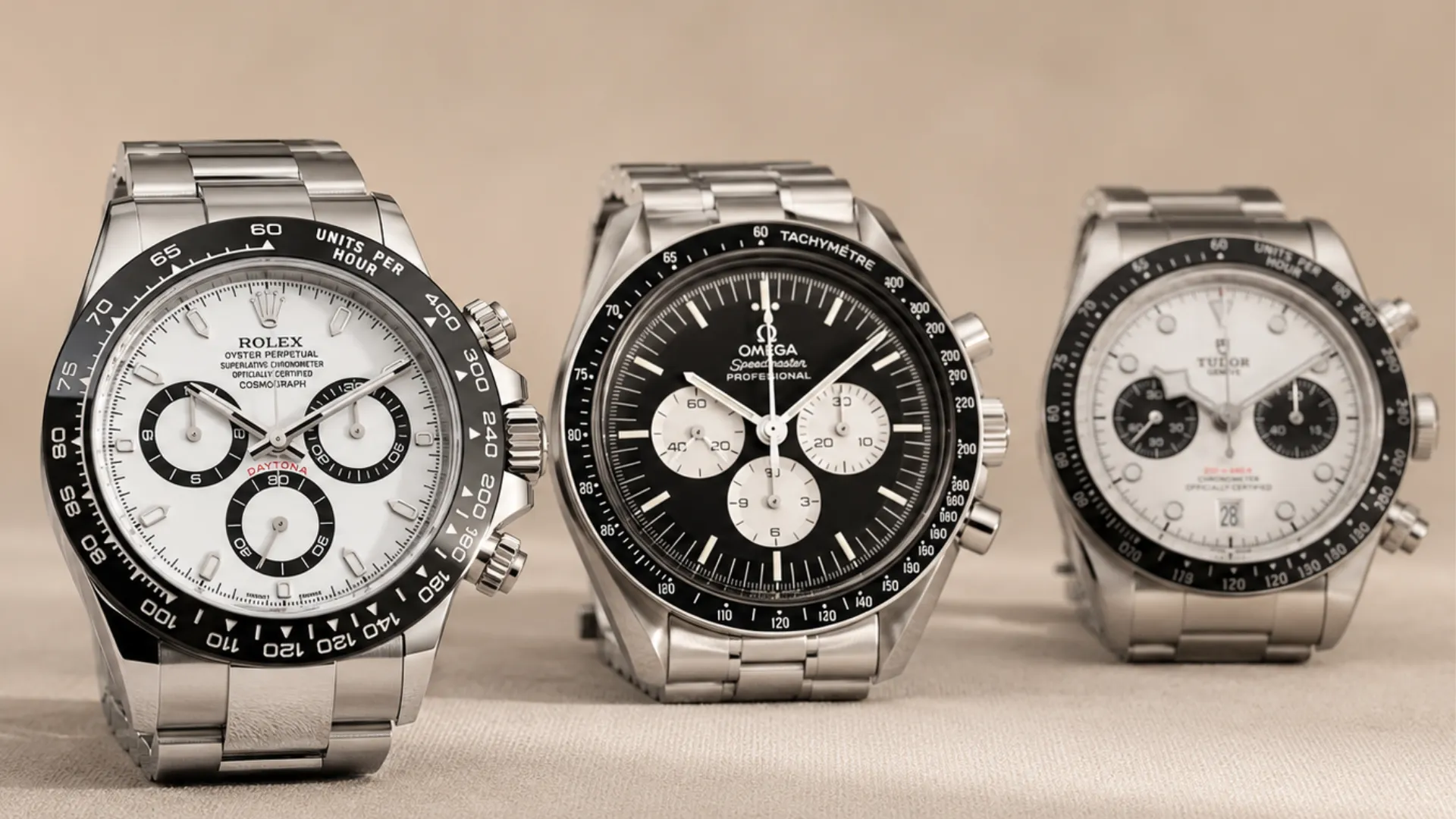 Three panda dial chronographs lined up: Rolex Daytona white dial, Omega Speedmaster black dial, and Tudor white dial on beige background