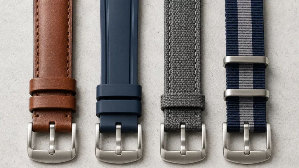 Four watch straps in brown leather, navy rubber, grey canvas, and navy-grey NATO nylon on light stone