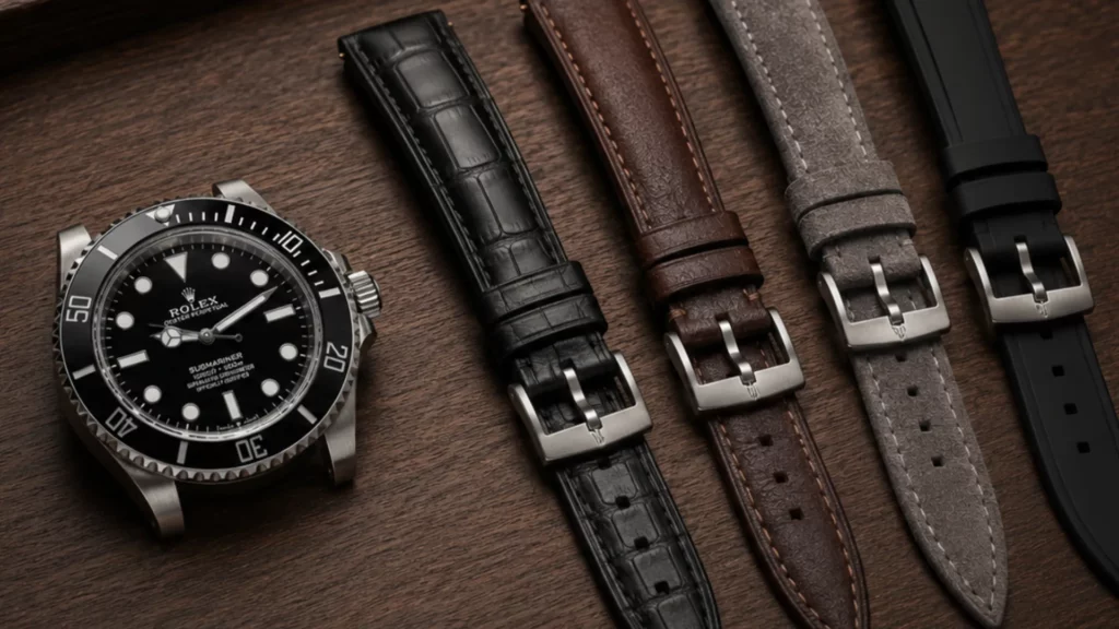 Rolex Submariner black dial diver beside black, brown, grey leather and black rubber strap options on wood