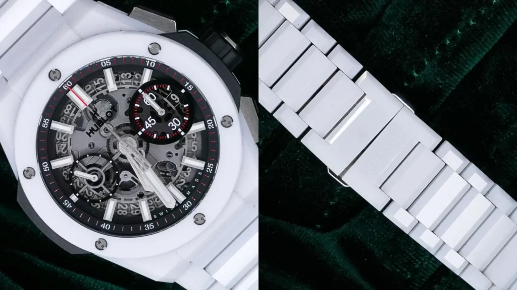 Hublot Big Bang Integrated 42mm in white ceramic with skeleton dial on a matching ceramic bracelet, with bracelet detail