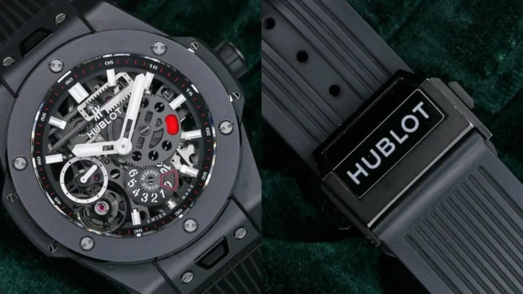Hublot Big Bang Meca-10 45mm in black ceramic with skeleton dial and power reserve on a rubber strap, with buckle detail